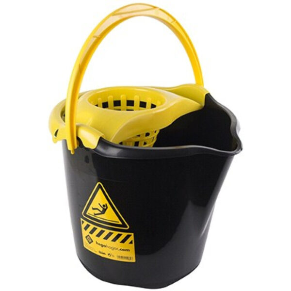 1x Huishoudemmers met dweil houder 13,5 liter zwart/geel caution 32 x 30 cm